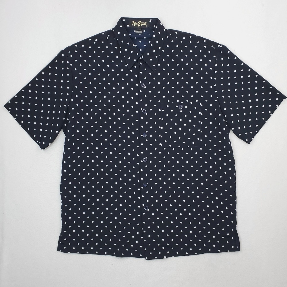 Vintage Alan Stuart Shirt Mens Large Navy Blue White Polka Dot Button Up Relaxed